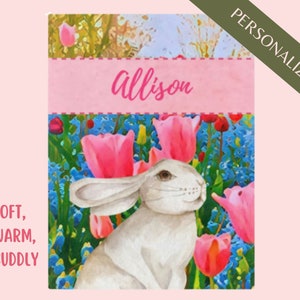 Manta de conejo de jardín personalizada - Manta Minky de terciopelo rosa - Regalo para amantes de los conejos, decoración para amantes de los conejos, manta de conejo, manta