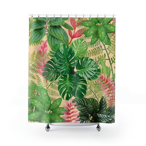 Botanical Shower Curtain - Green & Cream - Vintage, Retro, Plant Lover Gift, Tropical Decor, Forest Decor, Garden Decor, Gift for Gardener