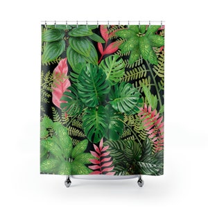 Botanical Shower Curtain - Green & Black - Bathroom Decor, Plant Lover Gift, Jungle Decor, Tropical Decor Bathroom, Retro, Boho, Gardening