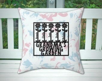 Custom Grandma&#39;s Garden Gift Pillow with Grandchildren Name | Blue Pink | 14x14 16x16 18x18 | Birthday Gift, Mothers Day, Valentines