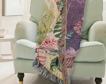Vintage Botanical Woven Cotton Blanket – Floral Throw, Wall Hanging
