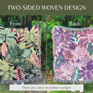 Botanical Woven Blanket. Front and back view. Plant mom gift, Mother's Day gift, gift for Mom, gift for Grandmother, gift for plant lover. Also great for Christmas, Valentine's Day, Easter, summer, etc.