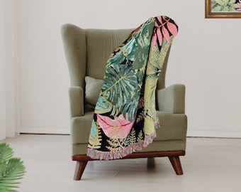 Botanical Woven Cotton Blanket | Vintage Ferns & Leaves Throw