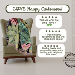 Botanical Woven Blanket with black background. Customer reviews for Little Bitty Garden shop.