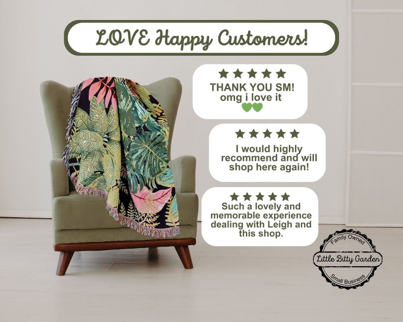 Botanical Woven Blanket with black background. Customer reviews for Little Bitty Garden shop.