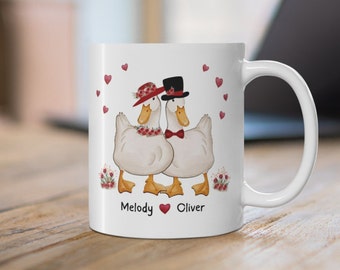 Personalized Duck Couple Mug - His and Her, Red Hearts and flowers, Gift for Couple, Gift for Duck Lover, Anniversary Gift, Gift for Grandma