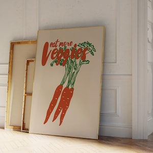 Print Eat More Veggies • Print met wortelgroenten • Print met wortelwortels • Veganistische keukenkunst • Keukenmuurkunst • Veganistisch cadeau • Muurkunst wortelen