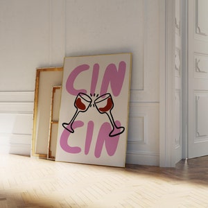 Impresión rosa Cin Cin • Cartel de saludos • Arte de carrito de bar funky • Cartel de cóctel retro • Impresión de vino vintage • Decoración de pared de cocina maximalista