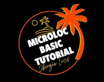 Può includere: Un logo circolare con una palma arancione e un sole giallo. Il testo "Microloc Basic Tutorial" è scritto in lettere bianche con un contorno giallo. Il testo "Jboogie Loes" è scritto in lettere corsive bianche con un contorno giallo.