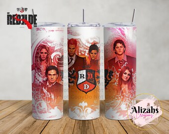 May include: Three stainless steel tumblers with a colorful design featuring a group of people and the letters RBD. The background is a white and orange abstract design.