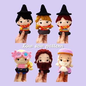 May include: Six handmade crochet dolls with different hairstyles and outfits. Each doll has a unique design, including hats, scarves, and other accessories. The dolls are held up by hands. The text "Low sew pattern" is written in white cursive font.