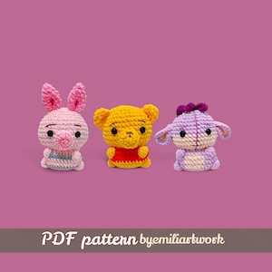 Easy crochet plushies / low sew crochet pattern / pooh crochet pattern / Eeyore crochet pattern / Piglet crochet pattern / ENG PDF