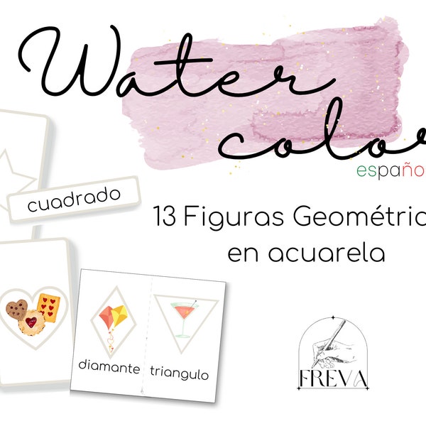 DIGITAL DWNLD • Pre-K Homeschool • Tarjeta de memoria • 13 Figuras Geométricas en acuarela en Español • Watercolor Geometry Figures •