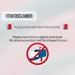 May include: Red and white warning signs with the text "ITEM DISCLAIMER" and "PLEASE READ BEFORE PURCHASING". A red circle with a diagonal line through it contains a blue mailbox with white envelopes inside. The text below the image reads "Please note this is a digital download. No physical product will be shipped to you."