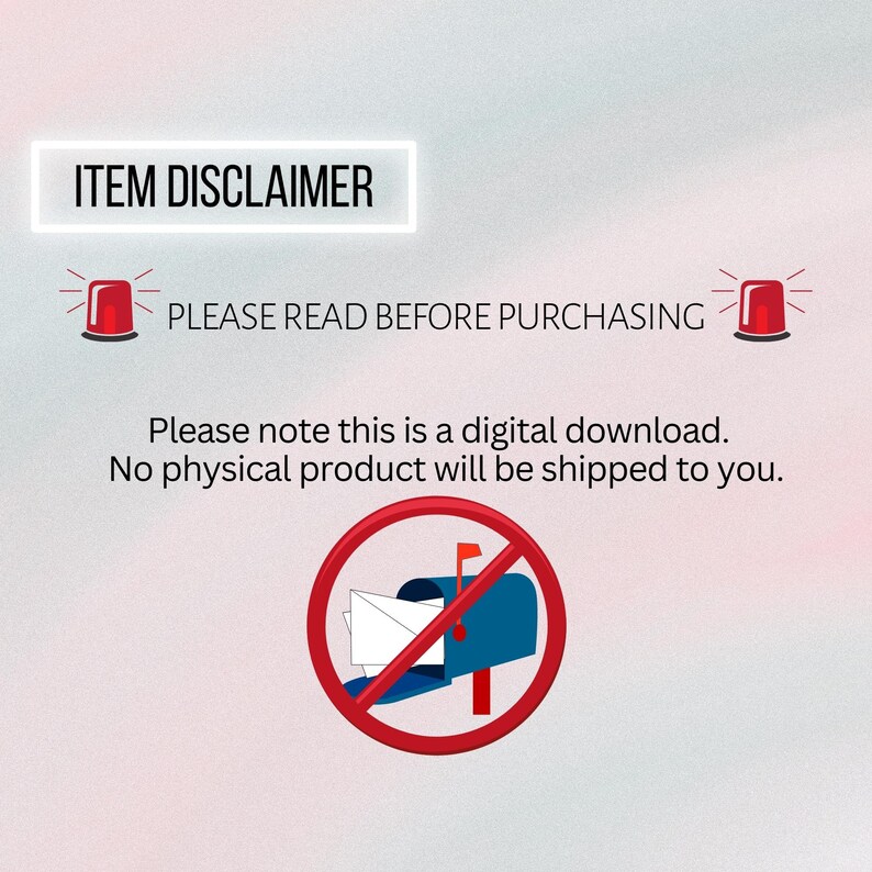 May include: Red and white warning signs with the text "ITEM DISCLAIMER" and "PLEASE READ BEFORE PURCHASING". A red circle with a diagonal line through it contains a blue mailbox with white envelopes inside. The text below the image reads "Please note this is a digital download. No physical product will be shipped to you."