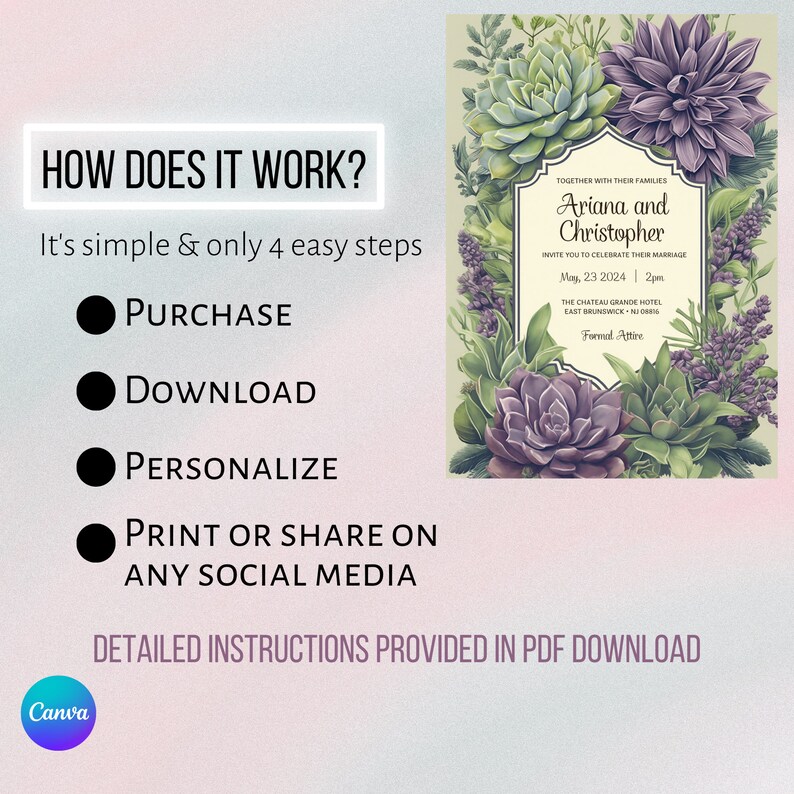 Elegant Editable Invitation with Hand-drawn Succulent Border, in Muted Green & Purple Tones, Any Occasion image 3