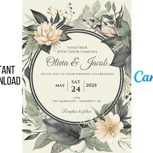 May include: A wedding invitation with a floral design. The invitation is for Olivia and Jacob, and it says "Together with their families, invite you to their wedding celebration, May 24, 2025, 4 PM, The Marigold, Somerset, NJ, Reception to follow."