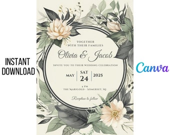 Elegant Floral Wedding Invitation Template: Botanical Design (Digital Download)