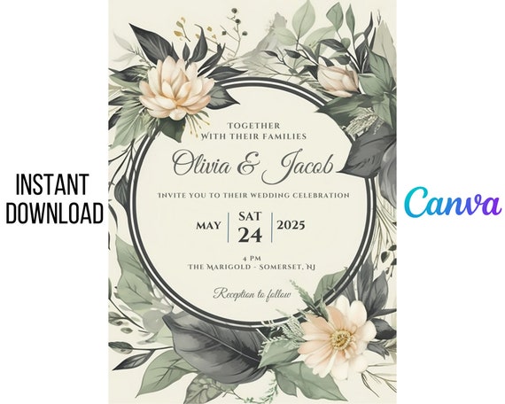 Elegant Floral Wedding Invitation Template: Botanical Design (Digital Download)