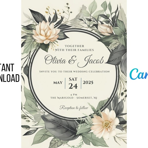Elegant Floral Digital Invitation | Botanical Black, Gray, Cream | Invite Template | Editable Invitation Template