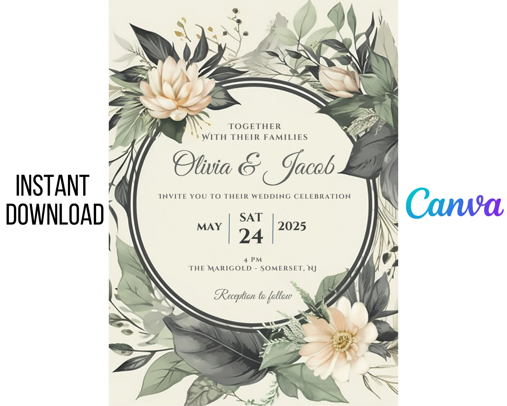 May include: A wedding invitation with a floral design. The invitation is for Olivia and Jacob, and it says "Together with their families, invite you to their wedding celebration, May 24, 2025, 4 PM, The Marigold, Somerset, NJ, Reception to follow."