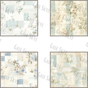 May include: Four digital scrapbook paper designs featuring a patchwork pattern with floral accents in shades of blue, white, and beige.
