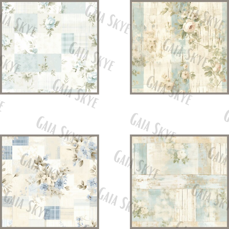 May include: Four digital scrapbook paper designs featuring a patchwork pattern with floral accents in shades of blue, white, and beige.
