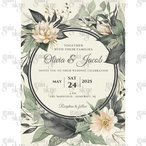 May include: A wedding invitation with a floral design. The invitation is for Olivia and Jacob, and it says "Together with their families, invite you to their wedding celebration, May 24, 2025, 4 PM, The Marigold - Somerset, NJ, Reception to follow."