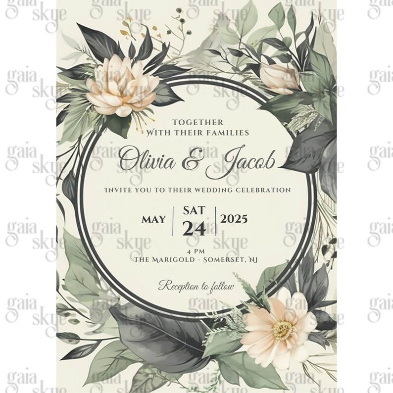 May include: A wedding invitation with a floral design. The invitation is for Olivia and Jacob, and it says "Together with their families, invite you to their wedding celebration, May 24, 2025, 4 PM, The Marigold - Somerset, NJ, Reception to follow."