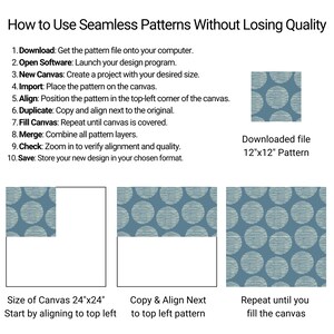 May include: A diagram showing how to use a seamless pattern to fill a canvas. The diagram shows a 12" x 12" pattern, a 24" x 24" canvas, and instructions on how to copy and align the pattern to fill the canvas.