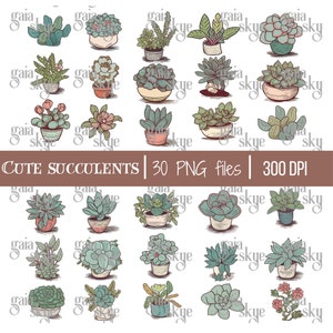 30 PNG Cute Succulents Clipart, Printable Digital Download, Succulent Clip Art, Succulent Bundle PNG, colorful hand drawn succulent clip art