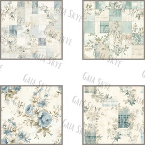 May include: Four digital scrapbook paper designs featuring a patchwork pattern with blue and beige floral accents. The designs are perfect for creating digital scrapbook pages, cards, and other crafts.