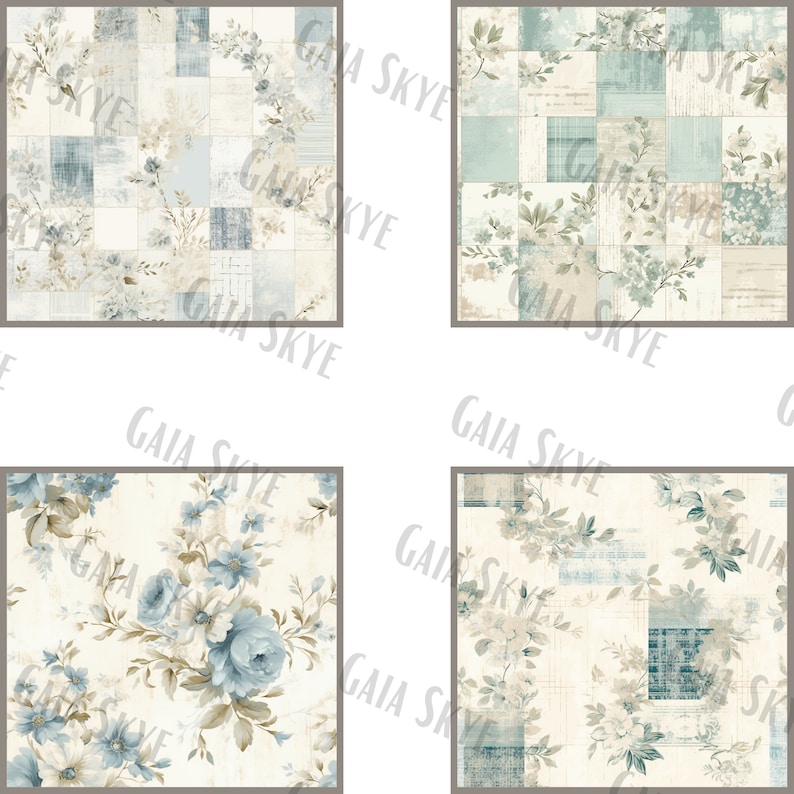 May include: Four digital scrapbook paper designs featuring a patchwork pattern with blue and beige floral accents. The designs are perfect for creating digital scrapbook pages, cards, and other crafts.