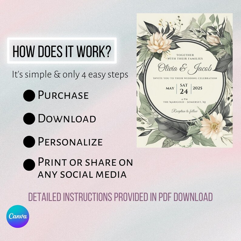 May include: A printable wedding invitation template with a floral wreath design in shades of green and white. The text reads "Together with their families Olivia & Jacob invite you to their wedding celebration May 24, 2025 4 PM The Marigold - Somerset, NJ Reception to follow."