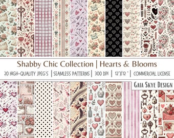Vintage Valentine's Seamless Paper: Shabby Chic Heart & Bloom Designs (Digital Download)