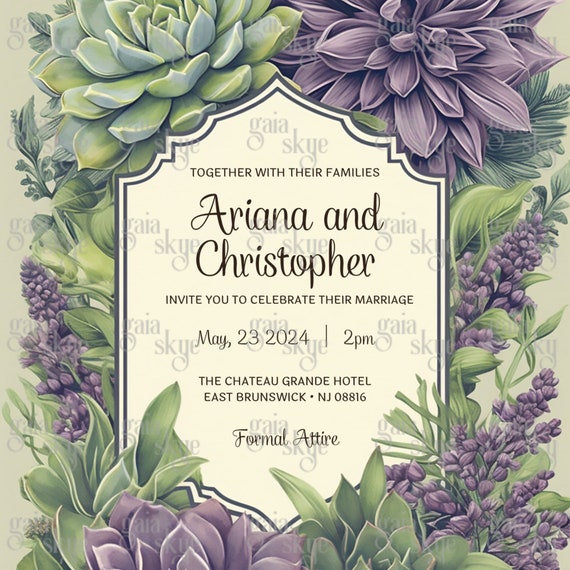 Elegant Editable Invitation with Hand-drawn Succulent Border, in Muted Green & Purple Tones, Any Occasion