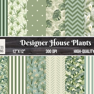 Seamless House Plants Pattern Digital Scrapbook Paper | 12”x12” Illustrated Floral Background | Accent Prints | Printable Paper Set