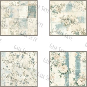 May include: Four square tiles with a vintage floral and patchwork design. The tiles feature a light blue and cream color scheme with floral patterns and a distressed look.
