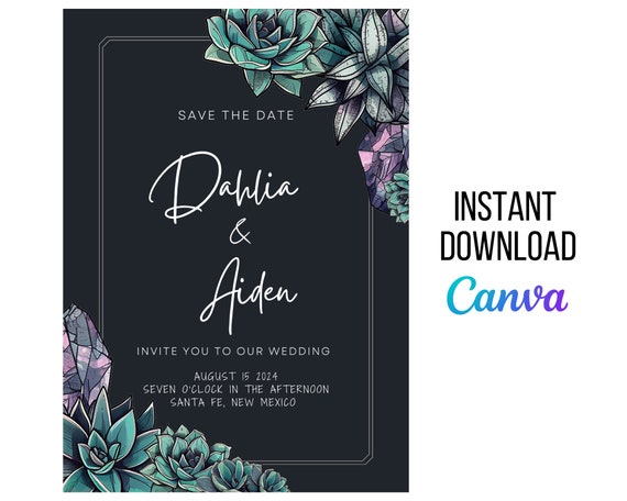 Navy Blue, Purple and Green Succulent Editable Invitation