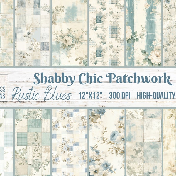 12 Shabby Patchwork Seamless Patterns | Rustic Blues | Scrapbooking | 300dpi JPEG | Versatile Background | Commercial Use Digital Download