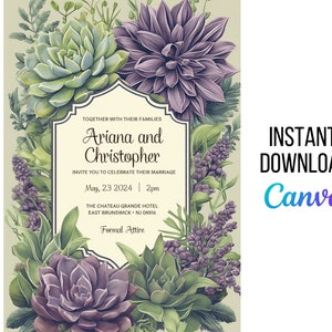 Elegant Editable Invitation with Hand-drawn Succulent Border, in Muted Green & Purple Tones, Any Occasion image 2