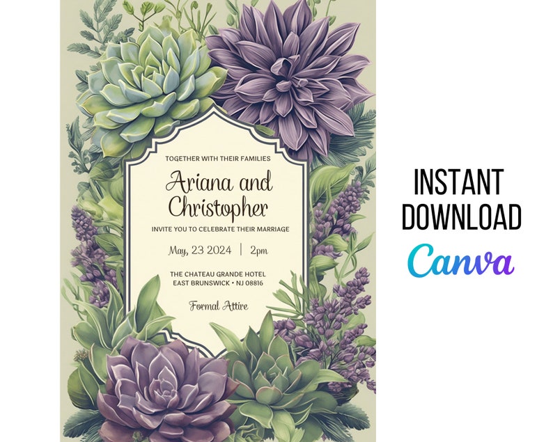 Elegant Editable Invitation with Hand-drawn Succulent Border, in Muted Green & Purple Tones, Any Occasion image 2