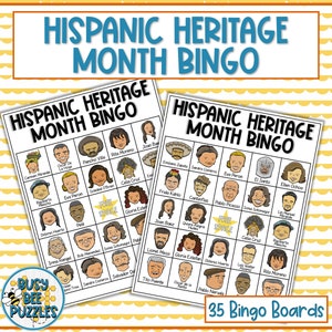 May include: Two colorful bingo cards with images of Hispanic heritage figures. The cards are titled "Hispanic Heritage Month Bingo".