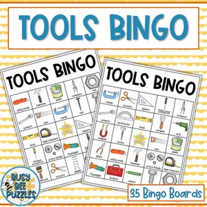 May include: Two black and white bingo cards with images of tools. The cards are titled "Tools Bingo" and have a free space in the center. The cards include images of tools such as a hammer, wrench, screwdriver, saw, level, tape measure, pliers, and more. The cards are designed for a game of bingo.