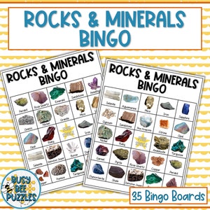 Jogo de bingo de rochas e minerais - 35 cartas exclusivas - Cartões telefônicos digitais e impressos - Atividade de geologia para ciências do ensino médio e ensino doméstico