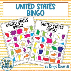 May include: Two "United States Bingo" game boards with colorful state outlines. The top banner reads "United States Bingo" in blue. The bottom right corner shows "35 Bingo Boards". The Busy Bee Puzzles logo is in the bottom left.