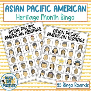 Könnte beinhalten: Zwei druckbare Bingokarten zum asiatisch-pazifischen amerikanischen Kulturerbemonat. Jede Karte hat ein 5x5-Raster mit Bildern von bemerkenswerten asiatisch-pazifischen Amerikanern. Das mittlere Feld jeder Karte lautet "Freies Feld".
