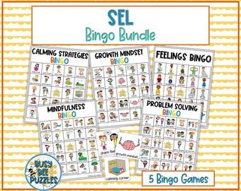SEL Social Emotional Learning Bingo Games Bundle 5 Games Mindfulness Strategies, Growth Mindset, Problem Solving, Conflict Resolution