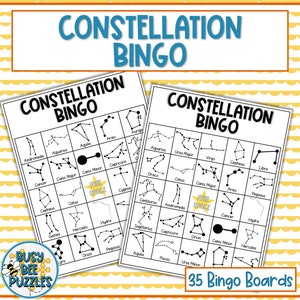 Juego de bingo Astronomy Constellation - 35 cartas únicas, 2 juegos diferenciados de tarjetas telefónicas - Actividad para escuela secundaria y educación en el hogar