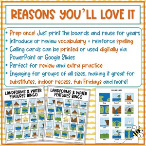 Landforms and Water Features Geography Bingo Game - 35 Unique Cards, 2 ...